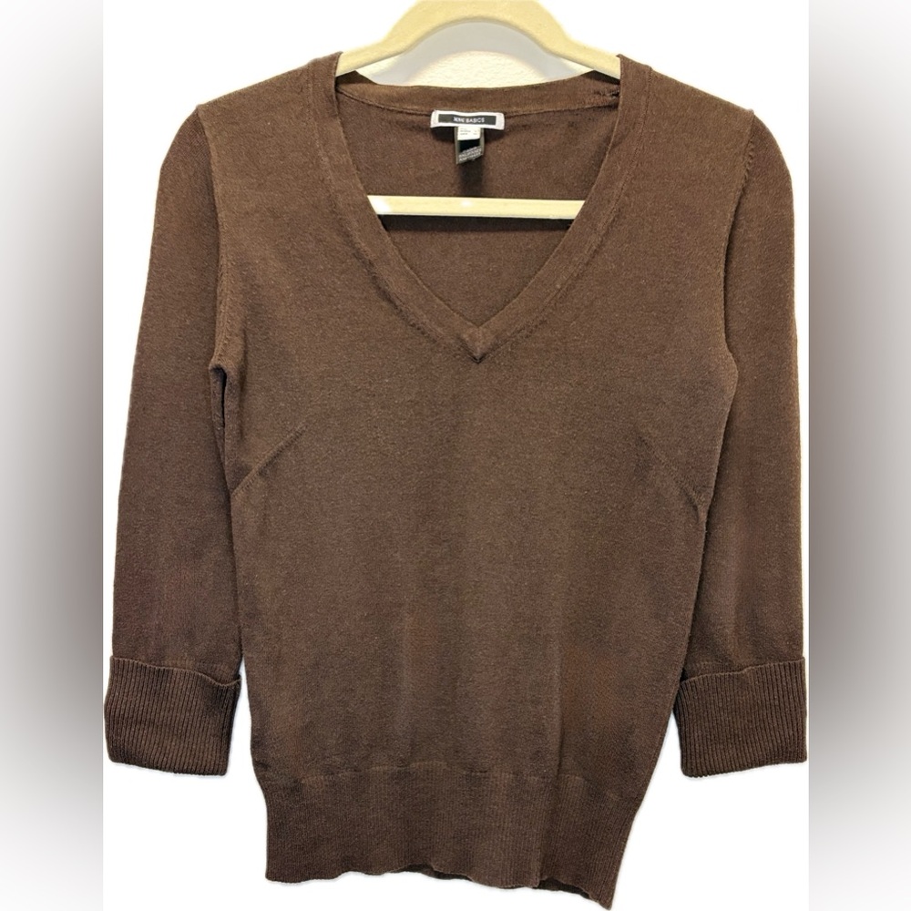 Mango MNG Basics Brown V-Neck Sweater | Size S | three quarter sleeves